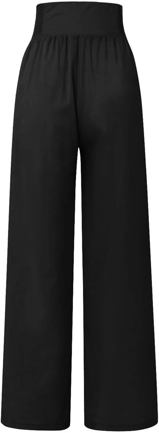 Womens Palazzo Pants Dressy Casual 2024 High Waisted Wide Leg Paperbag Lounge Pants Button Decor Flowy Beach Trousers