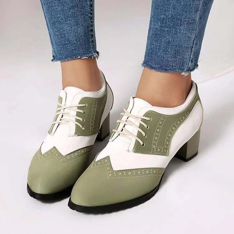 Women's Patchwork Lace-Up Square Heel Oxfords Pumps