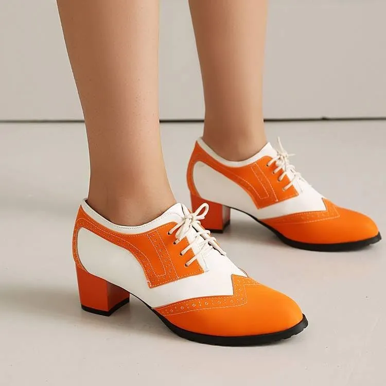 Women's Patchwork Lace-Up Square Heel Oxfords Pumps