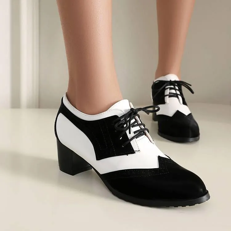 Women's Patchwork Lace-Up Square Heel Oxfords Pumps