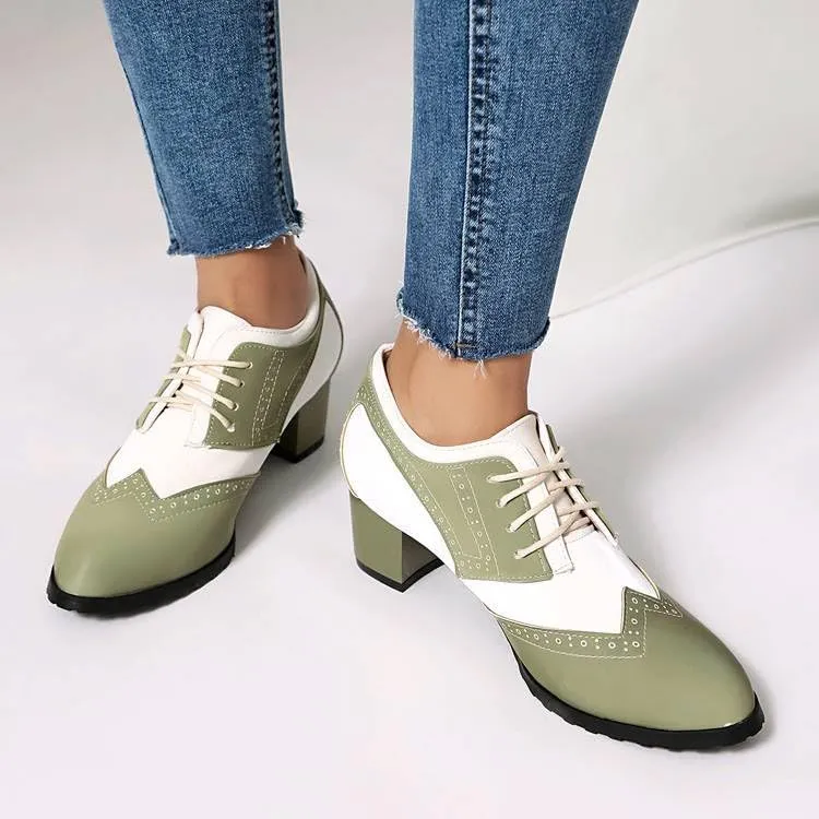 Women's Patchwork Lace-Up Square Heel Oxfords Pumps