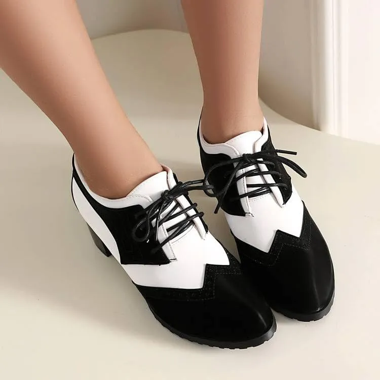 Women's Patchwork Lace-Up Square Heel Oxfords Pumps