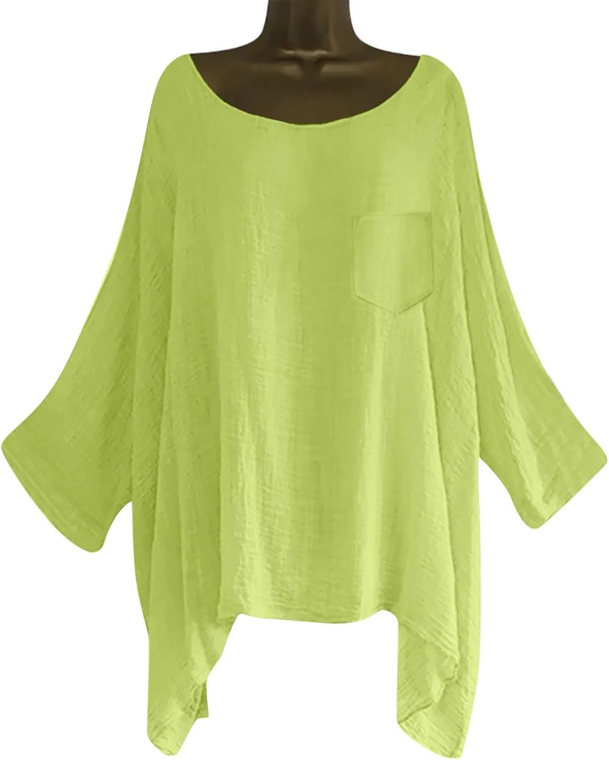Womens Plus Size Cotton Linen Shirts Elegant 3/4 Sleeve Round Neck Summer Cape Blouses Casual Loose Fit Tunic Tops