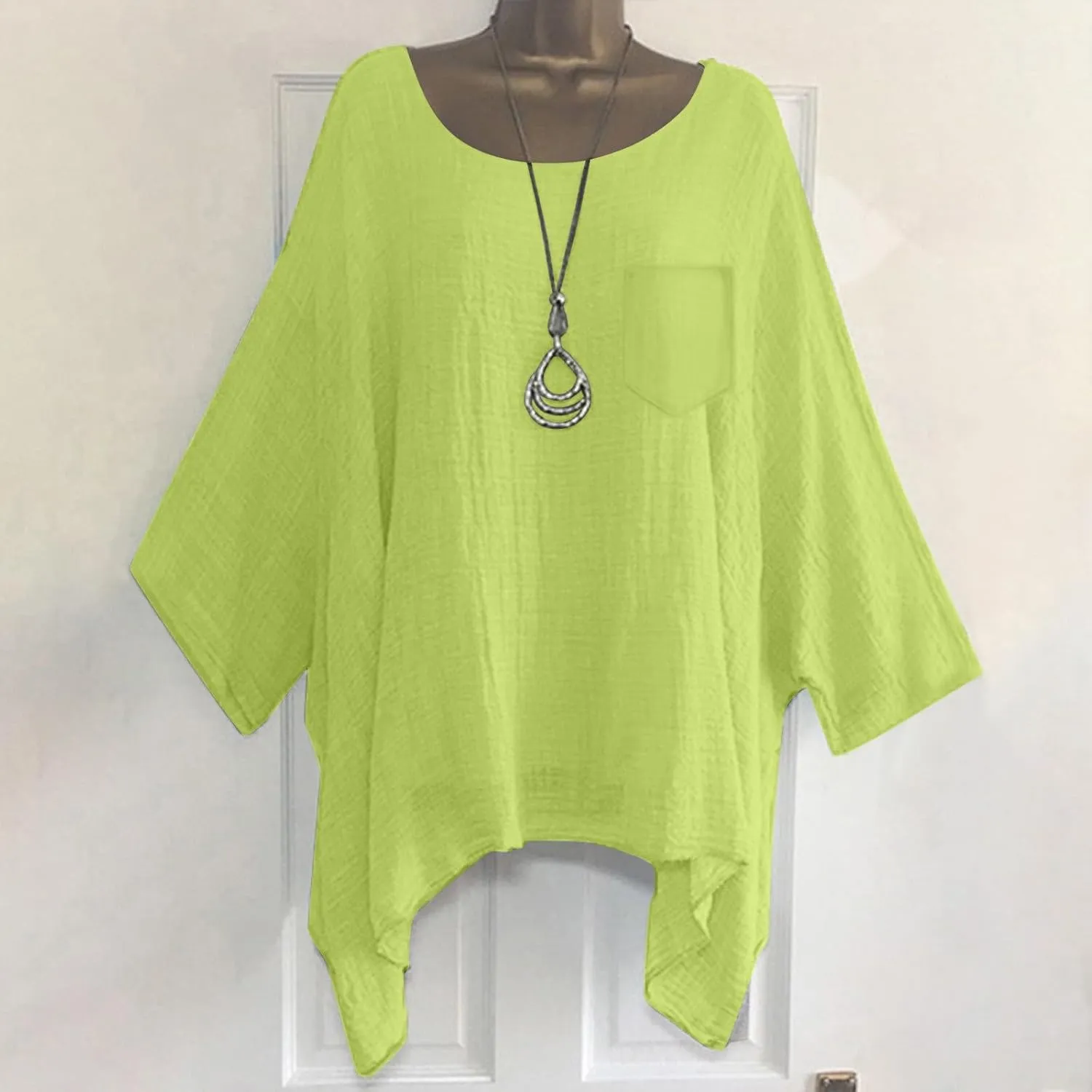 Womens Plus Size Cotton Linen Shirts Elegant 3/4 Sleeve Round Neck Summer Cape Blouses Casual Loose Fit Tunic Tops