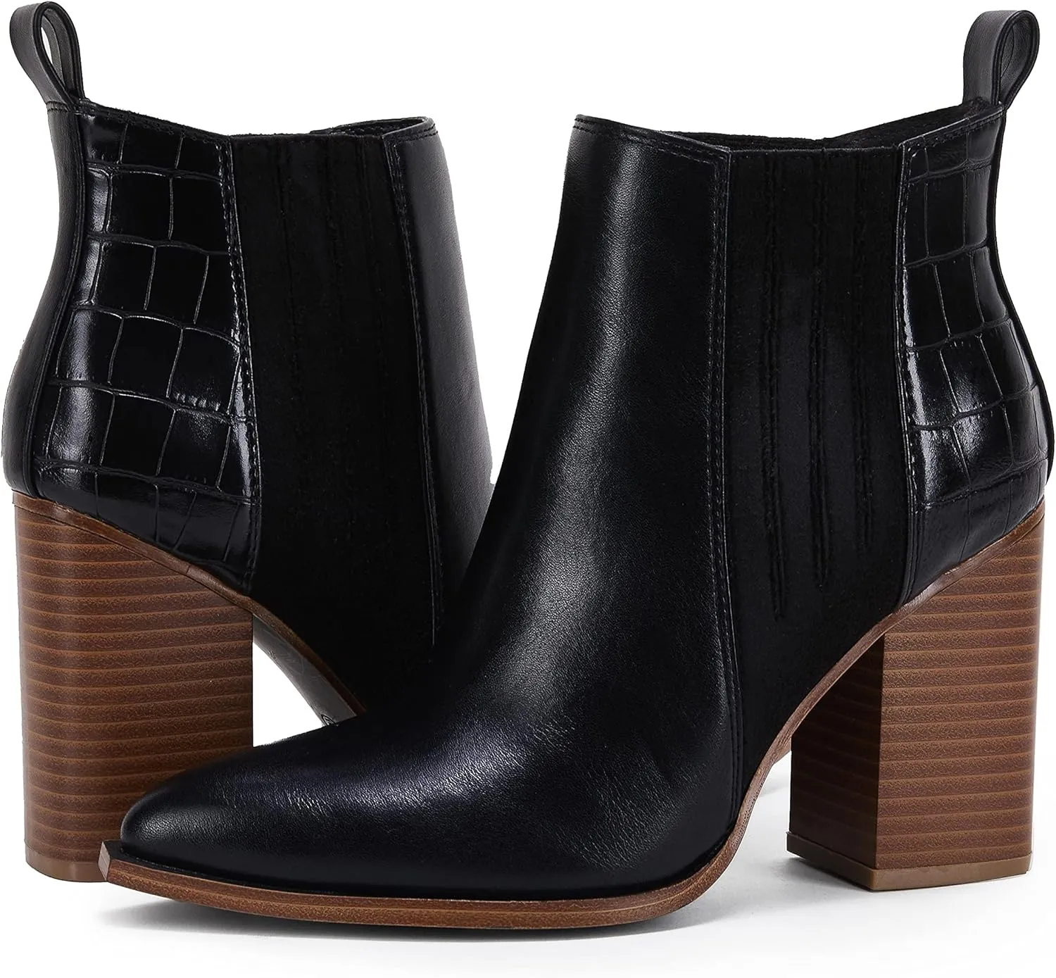 Womens Pointed Toe Slip on Ankle Booties Stacked Mid Block Heel Shoes Faux Leather Boots