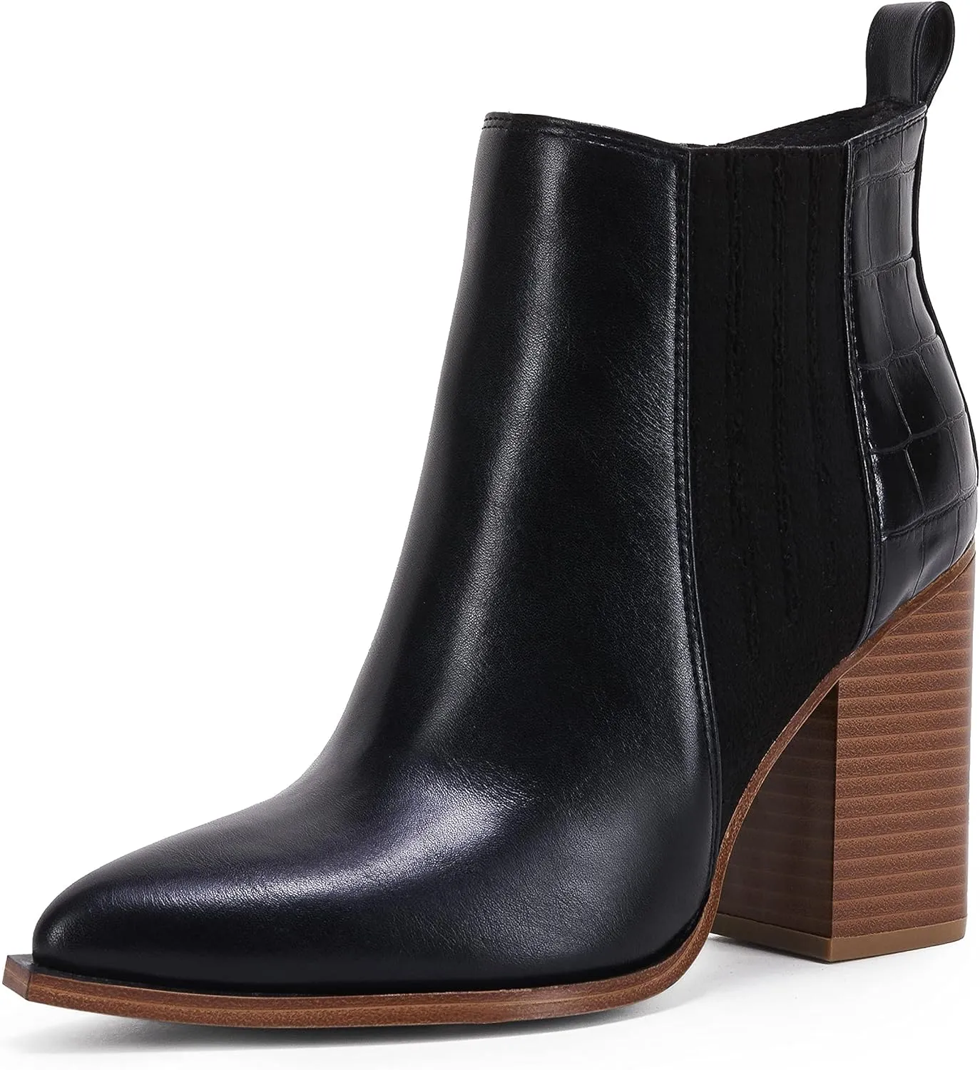 Womens Pointed Toe Slip on Ankle Booties Stacked Mid Block Heel Shoes Faux Leather Boots