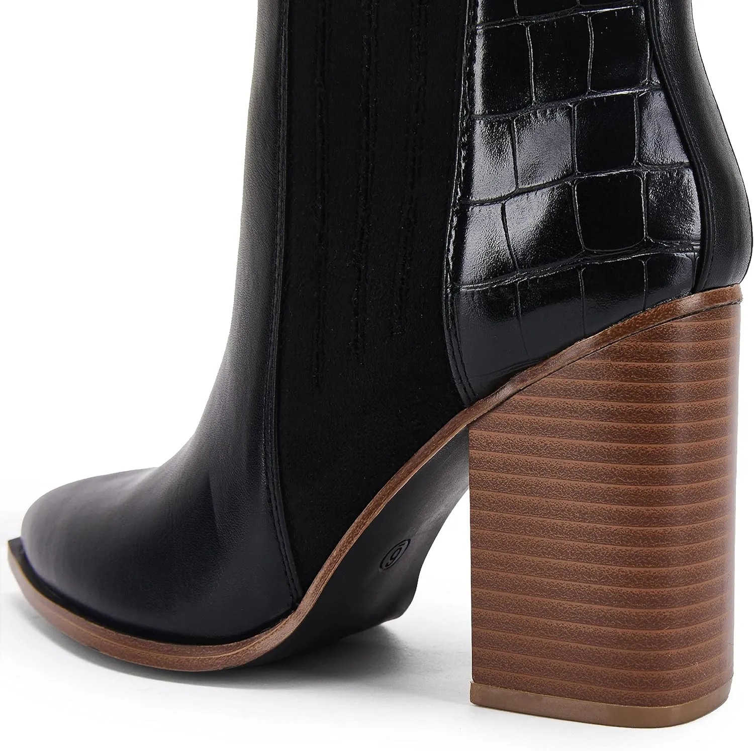 Womens Pointed Toe Slip on Ankle Booties Stacked Mid Block Heel Shoes Faux Leather Boots