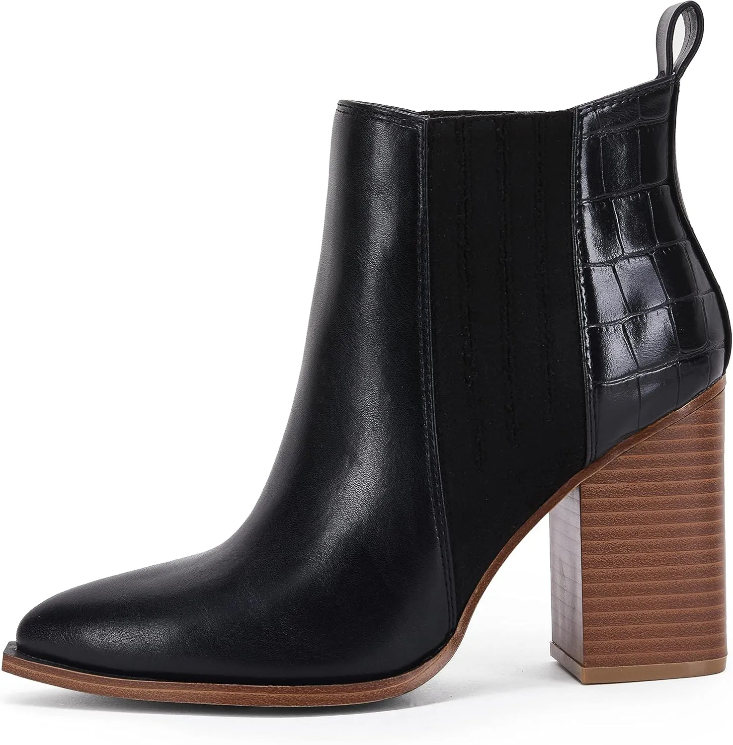 Womens Pointed Toe Slip on Ankle Booties Stacked Mid Block Heel Shoes Faux Leather Boots