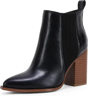 Womens Pointed Toe Slip on Ankle Booties Stacked Mid Block Heel Shoes Faux Leather Boots