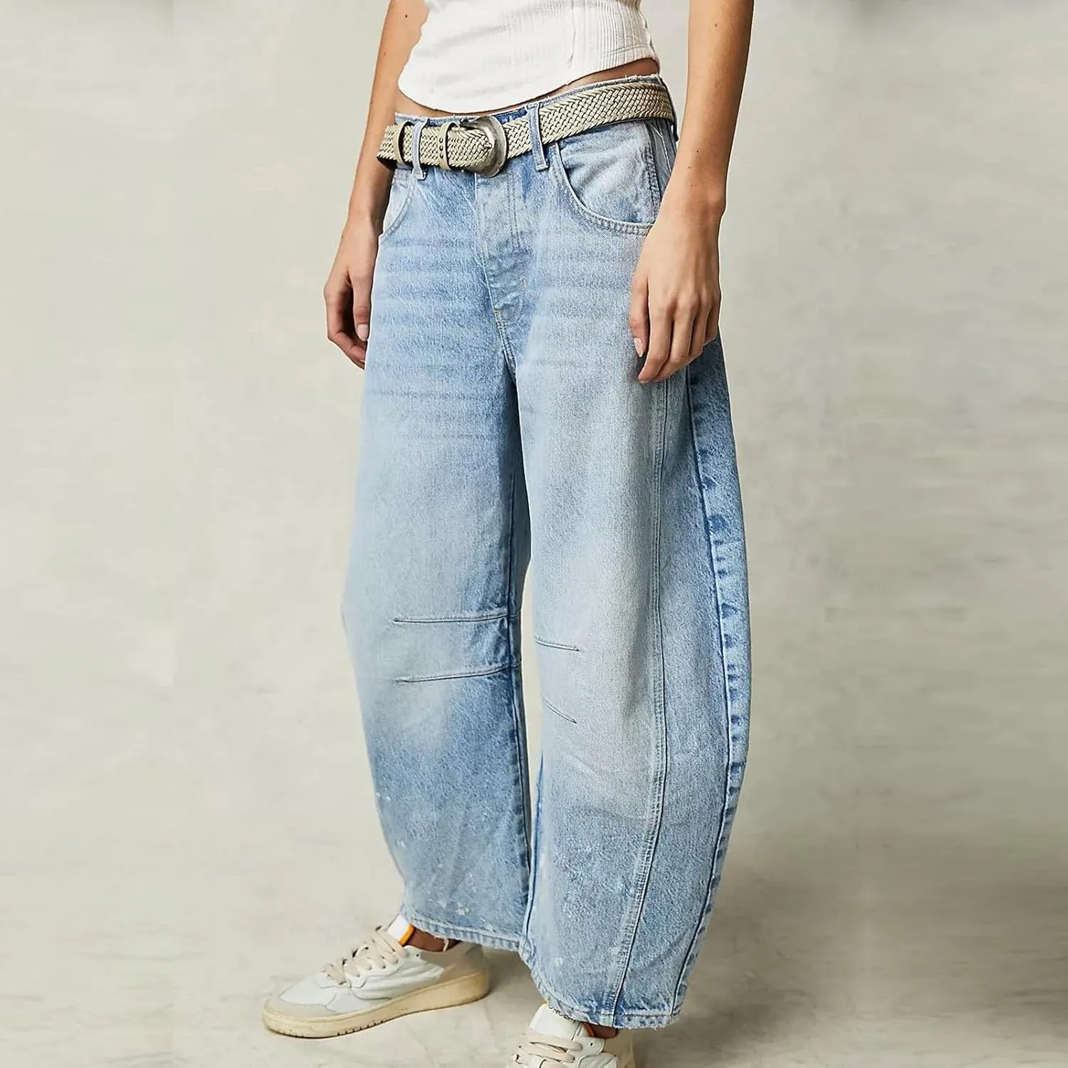 Women's Ripped Jeans Baggy Mid Waist Jeans Wide Leg Loose Boyfriend Denim Pants Straight Cropped Barrel Jeans, S-XL