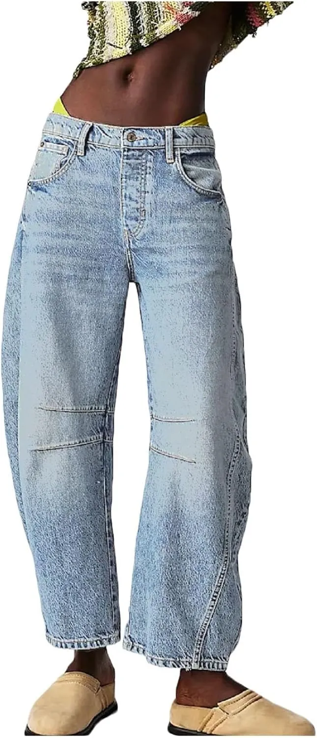 Women's Ripped Jeans Baggy Mid Waist Jeans Wide Leg Loose Boyfriend Denim Pants Straight Cropped Barrel Jeans, S-XL