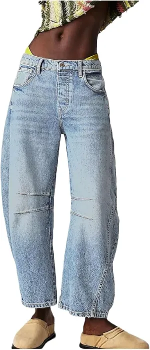 Women's Ripped Jeans Baggy Mid Waist Jeans Wide Leg Loose Boyfriend Denim Pants Straight Cropped Barrel Jeans, S-XL