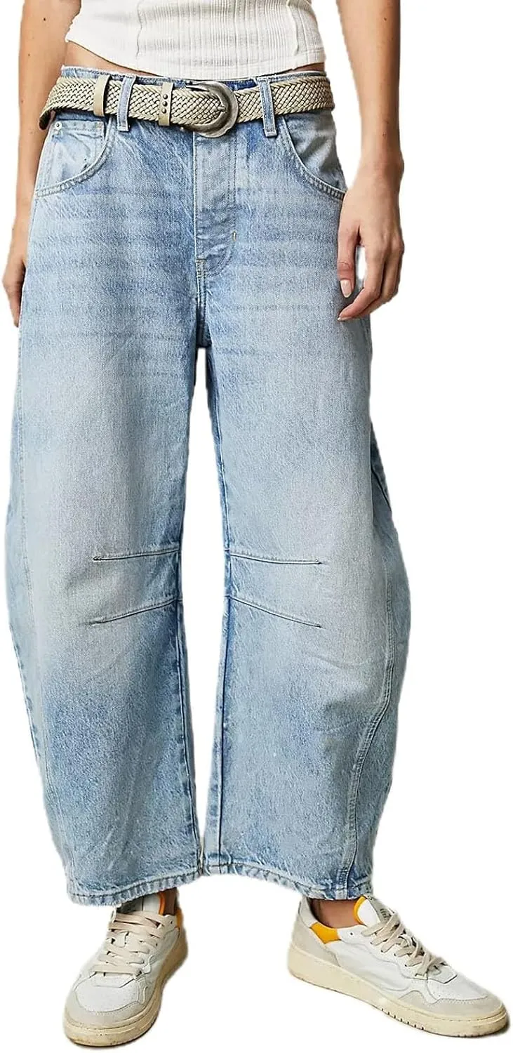 Women's Ripped Jeans Baggy Mid Waist Jeans Wide Leg Loose Boyfriend Denim Pants Straight Cropped Barrel Jeans, S-XL