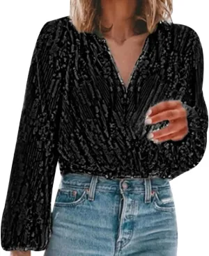 Women's Sexy V Neck Sequin T-Shirt Long Sleeve Elegant Solid Slim Shirt Streetwear Top