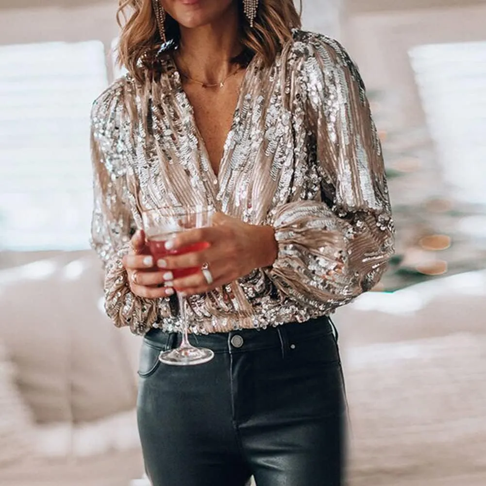 Women's Sexy V Neck Sequin T-Shirt Long Sleeve Elegant Solid Slim Shirt Streetwear Top