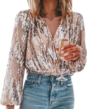 Women's Sexy V Neck Sequin T-Shirt Long Sleeve Elegant Solid Slim Shirt Streetwear Top