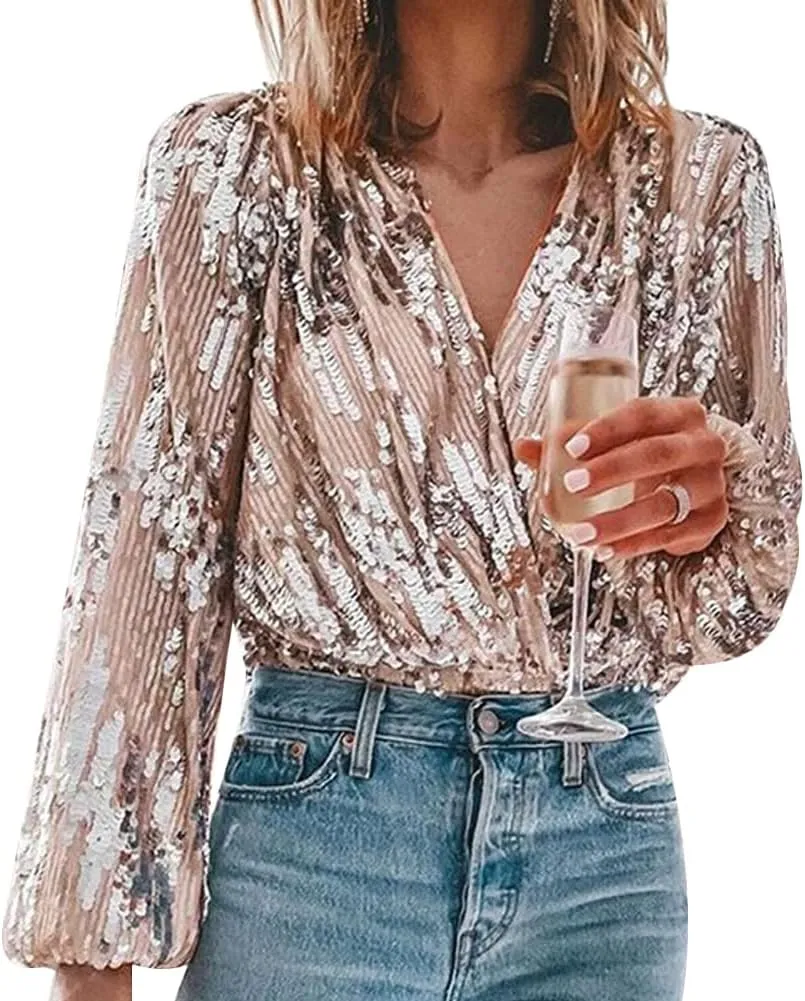 Women's Sexy V Neck Sequin T-Shirt Long Sleeve Elegant Solid Slim Shirt Streetwear Top
