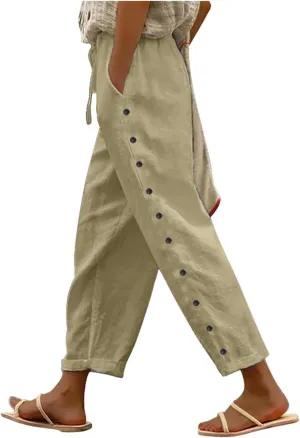 Women's Solid Color Elastic Waist Loose Side Button Decoration Versatile Nine Point Travel Pants for (4-Khaki, XXL), XX-Large