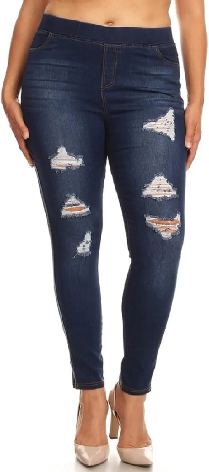 Women's Stretch Pull-On Jeans Skinny Ripped Distressed Denim Jeggings Regular-Plus Size
