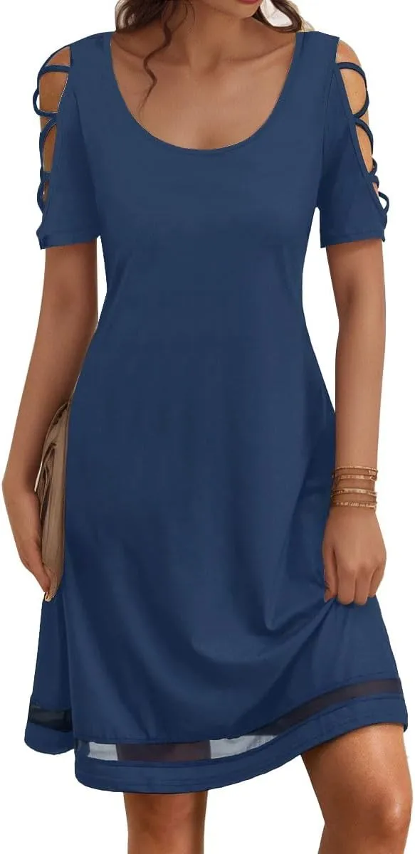 Womens Summer Dresses Hollow Sleeve Cold Shoulder Dress Stylish Basic Casual Regular Fit