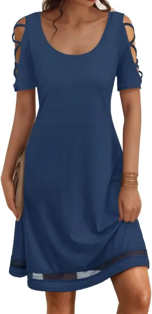 Womens Summer Dresses Hollow Sleeve Cold Shoulder Dress Stylish Basic Casual Regular Fit