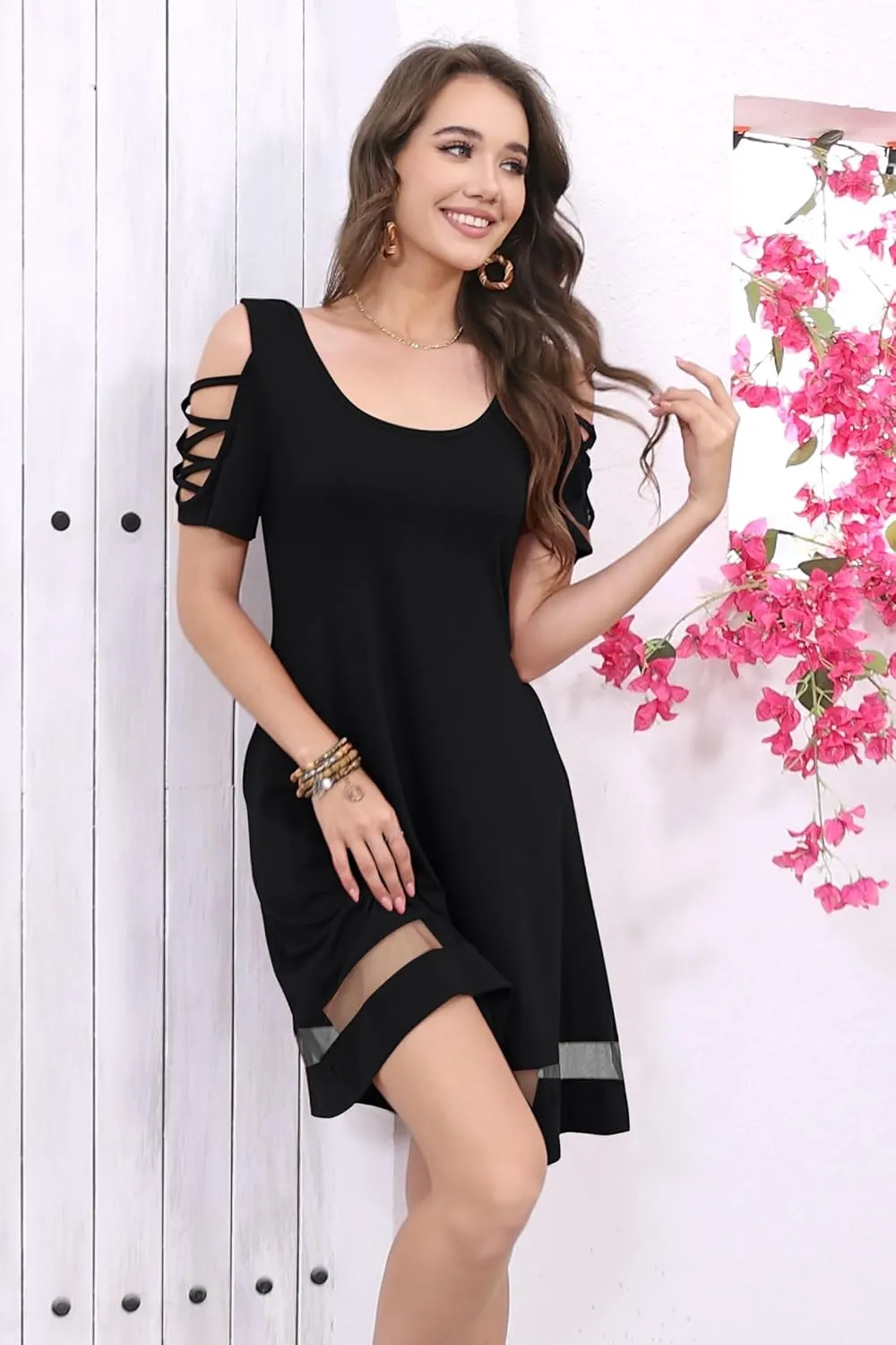 Womens Summer Dresses Hollow Sleeve Cold Shoulder Dress Stylish Basic Casual Regular Fit
