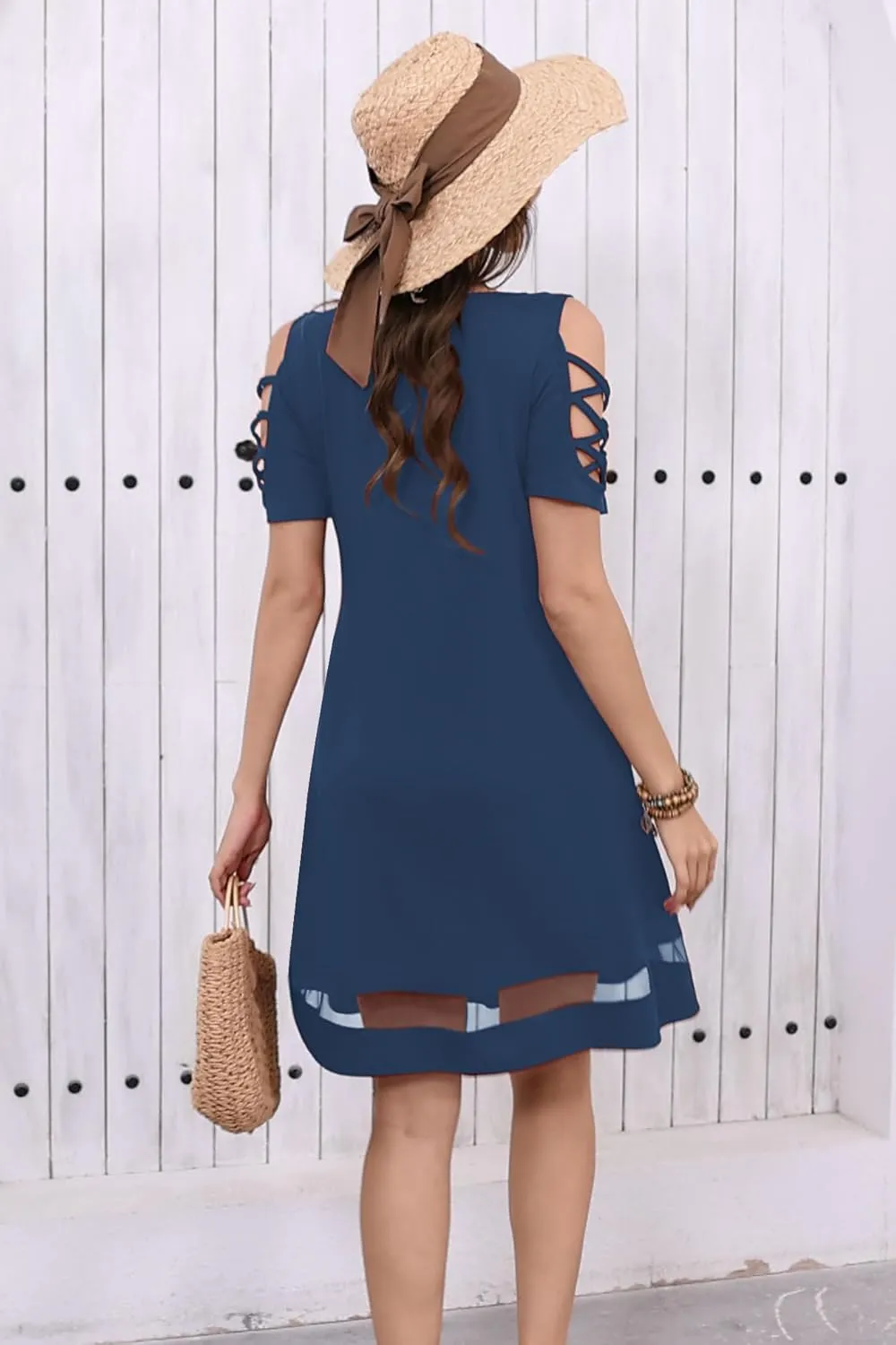 Womens Summer Dresses Hollow Sleeve Cold Shoulder Dress Stylish Basic Casual Regular Fit