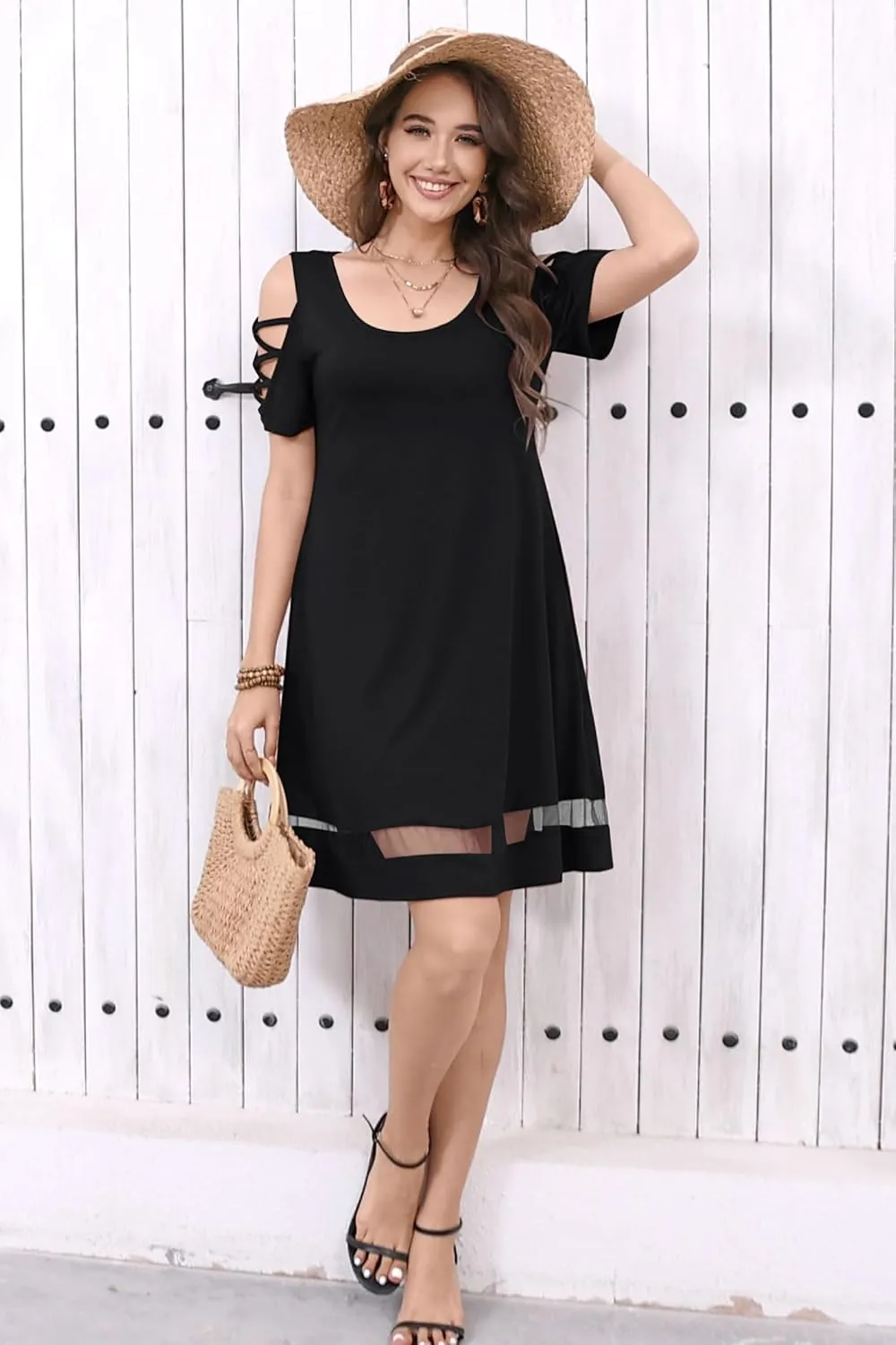 Womens Summer Dresses Hollow Sleeve Cold Shoulder Dress Stylish Basic Casual Regular Fit