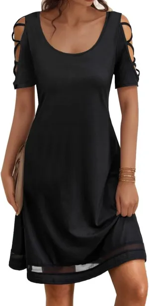 Womens Summer Dresses Hollow Sleeve Cold Shoulder Dress Stylish Basic Casual Regular Fit