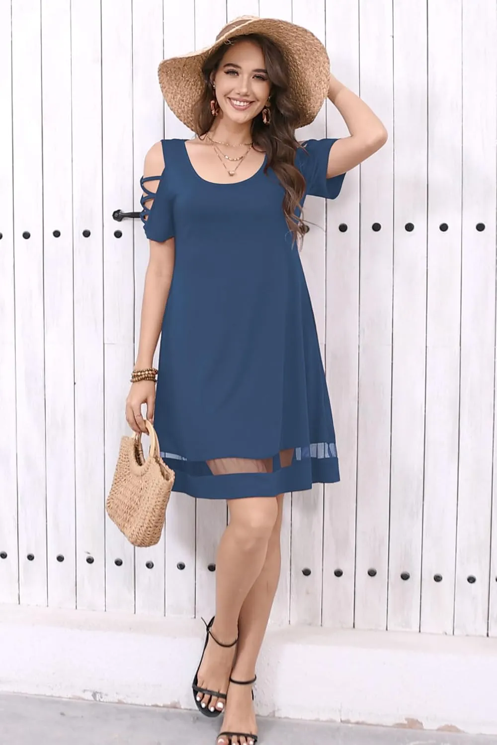 Womens Summer Dresses Hollow Sleeve Cold Shoulder Dress Stylish Basic Casual Regular Fit