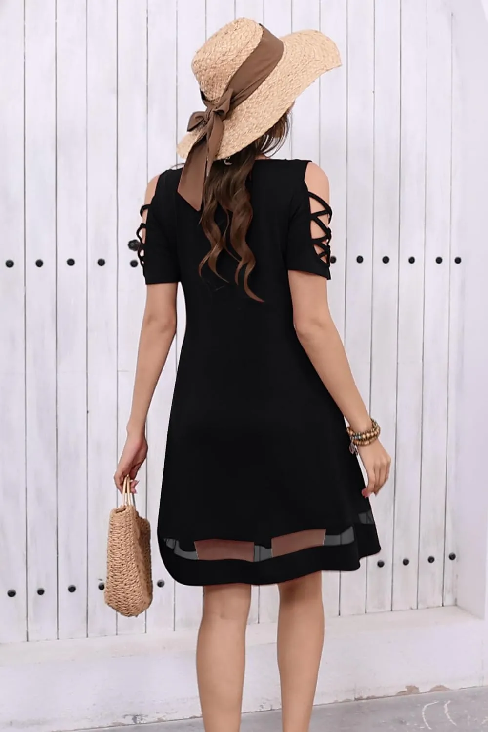 Womens Summer Dresses Hollow Sleeve Cold Shoulder Dress Stylish Basic Casual Regular Fit