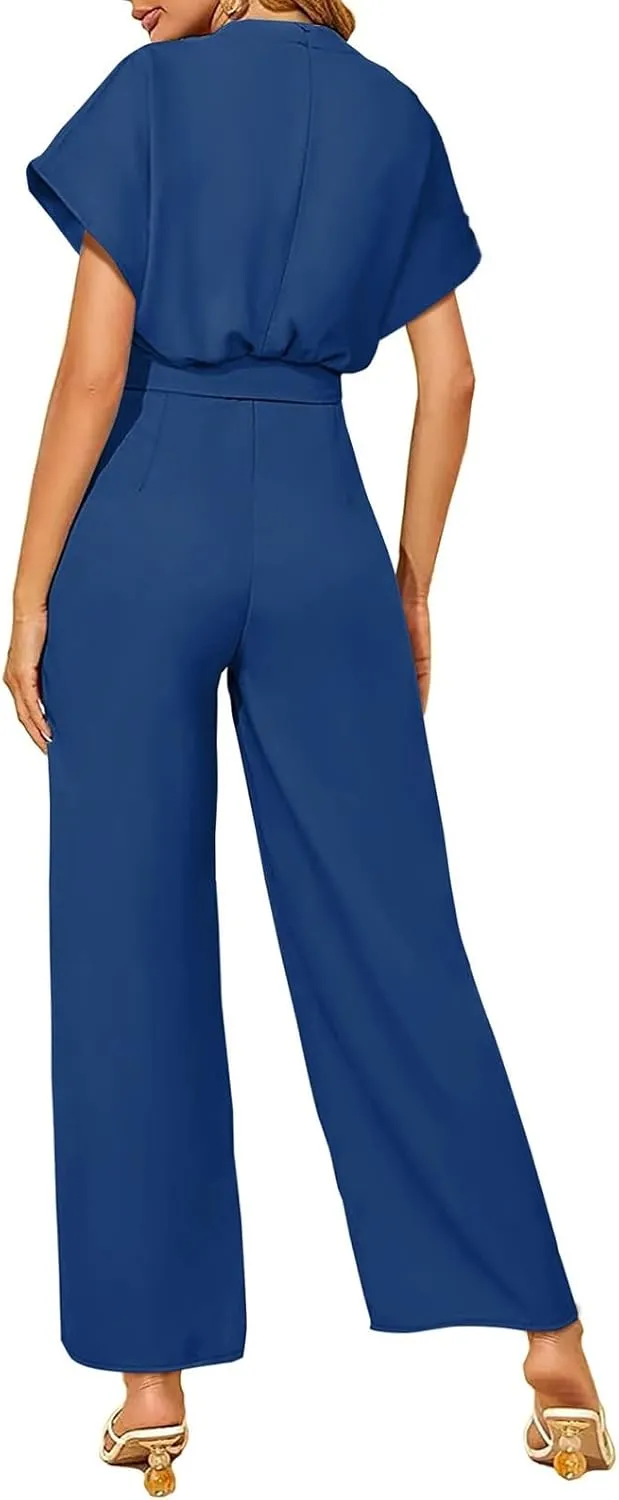 Women's Summer Wide Leg Jumpsuits Casual Dressy One Piece Outfits V Neck High Waist Linen Romper with Pockets