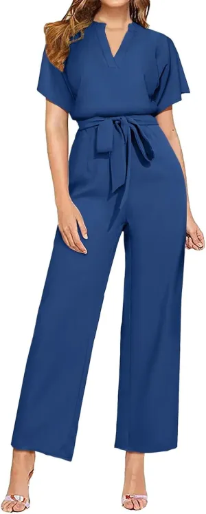 Women's Summer Wide Leg Jumpsuits Casual Dressy One Piece Outfits V Neck High Waist Linen Romper with Pockets