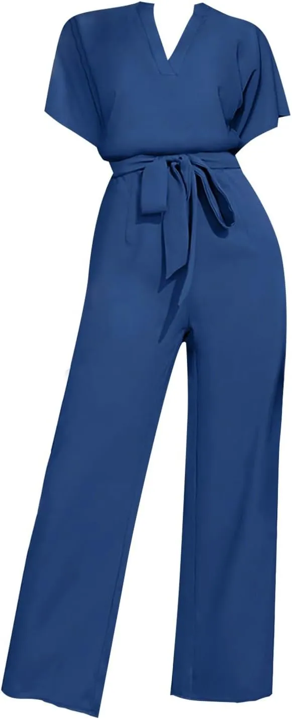 Women's Summer Wide Leg Jumpsuits Casual Dressy One Piece Outfits V Neck High Waist Linen Romper with Pockets