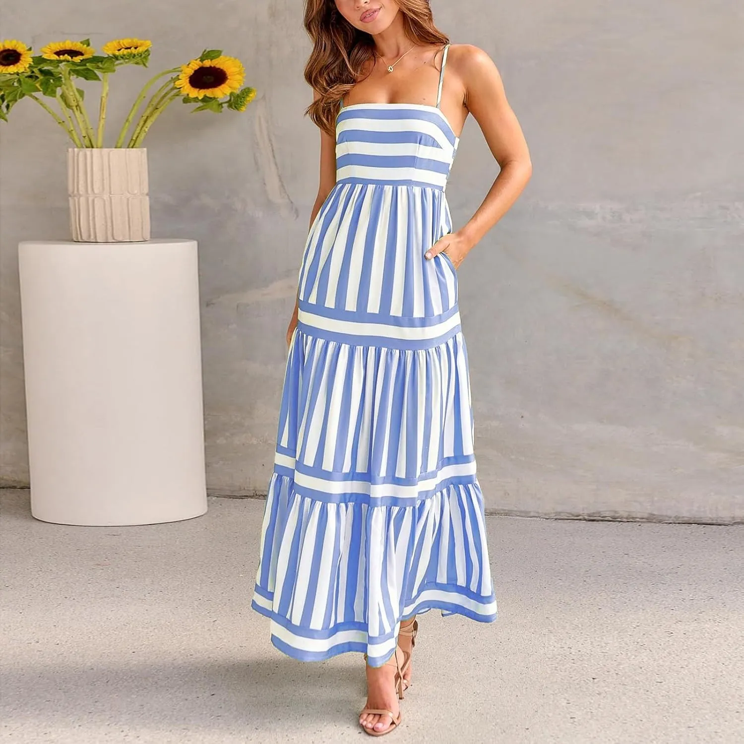 Women's Suspender V Neck Long Patchwork Dress Temperament Off Shoulder Casual Dresses Cute Summer Cute Winter Dresses