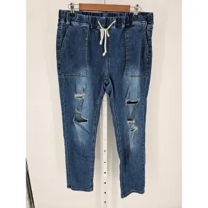 Womens Sz XL Pull On Elastic Waist Denim Joggers Blue Distressed