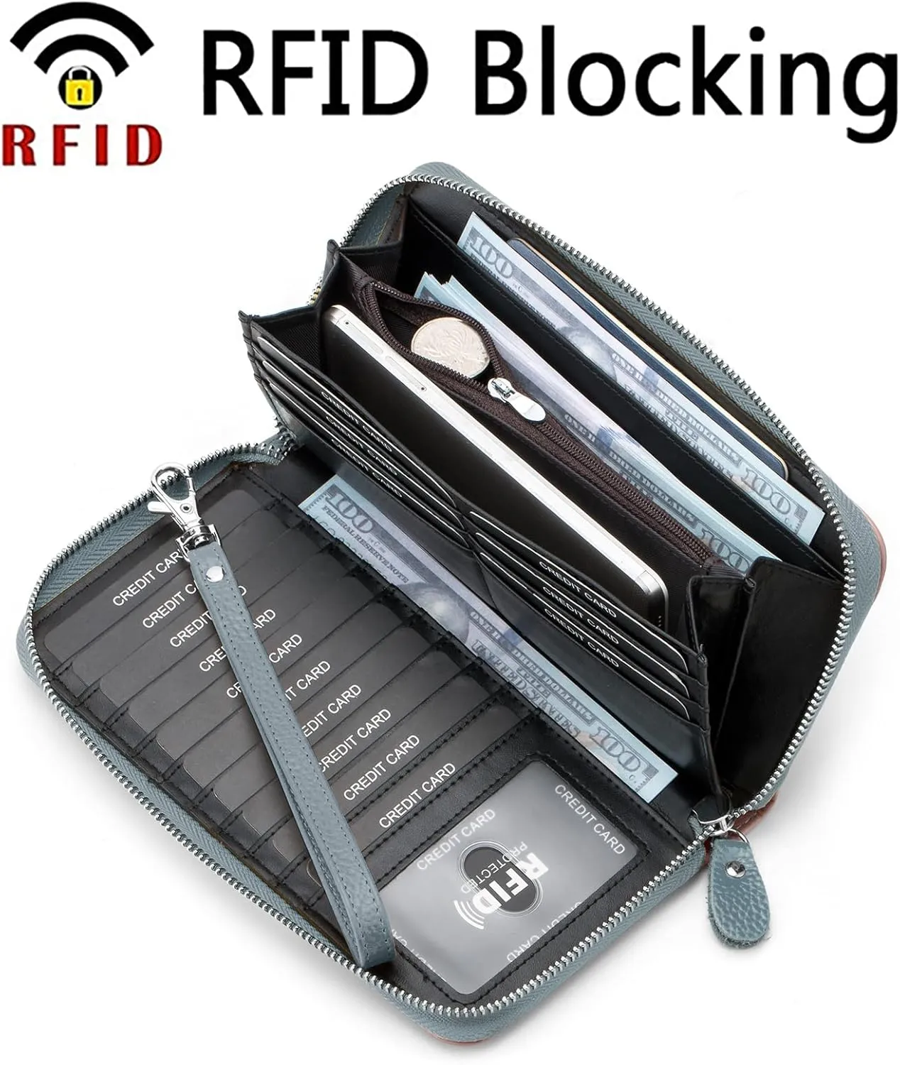 Womens Wallet RFID Blocking Genuine Leather Multi Credit Card Large Capacity Zip Around Clutch Travel Purse Wristlet