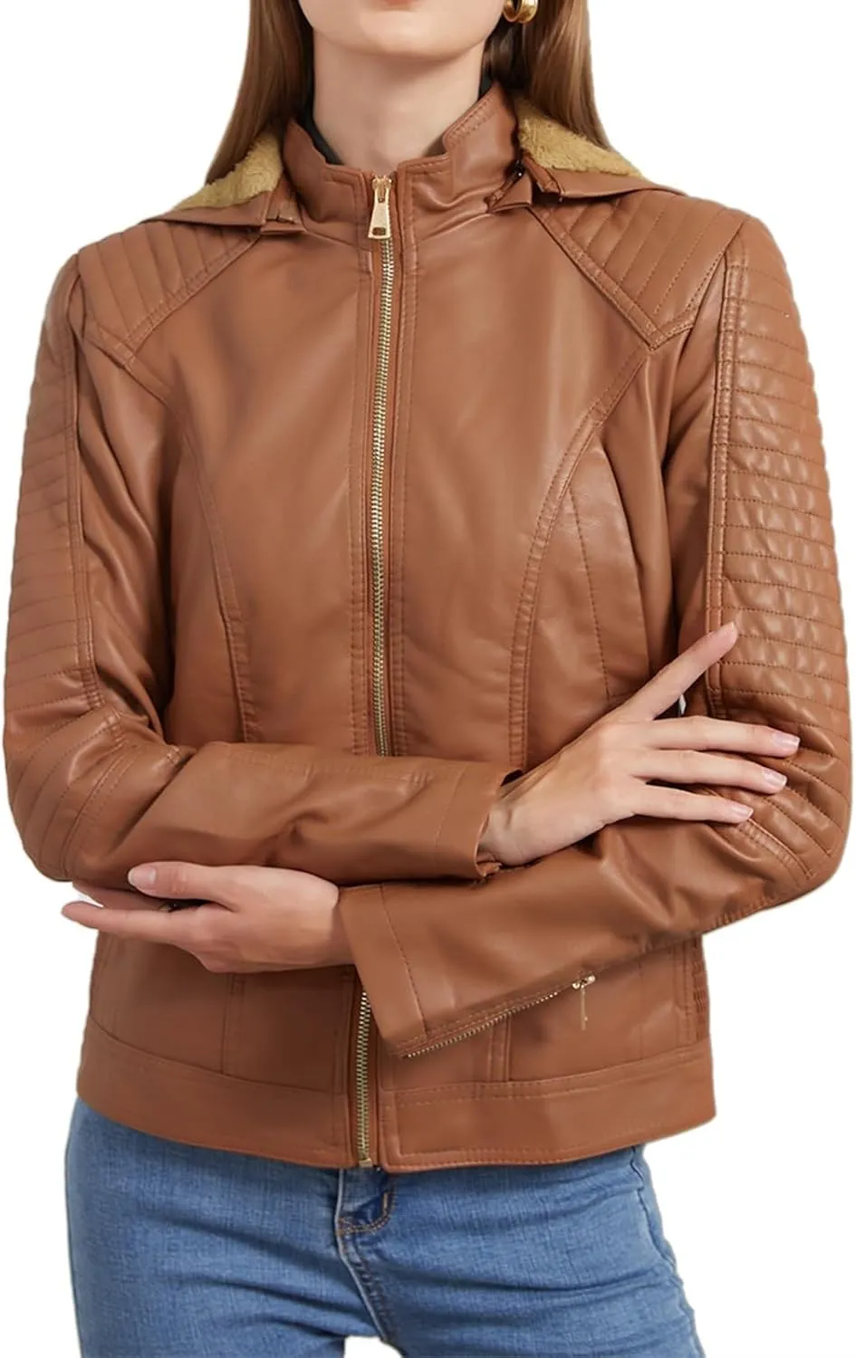 Women's Winter Coat, Faux Leather Shearling Moto Jacket, Sherpa Aviator Bomber Jacket for Women