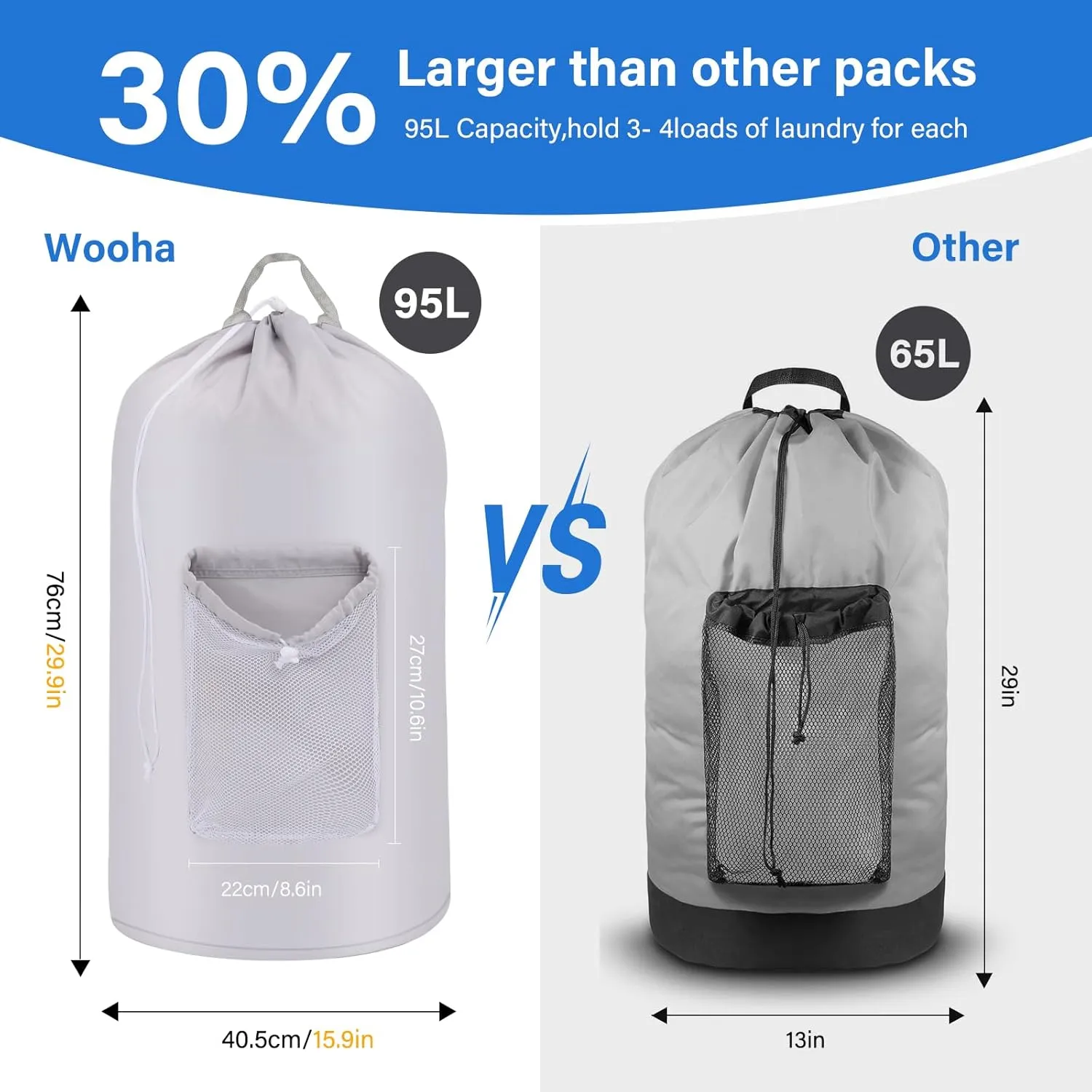 WOOHA 95L Backpack Travel Laundry Bag with Shoulder Straps and Mesh - Durable Polyester Laundry Hampers for Travel, Apartments, Laundromats and Universities (Grey)