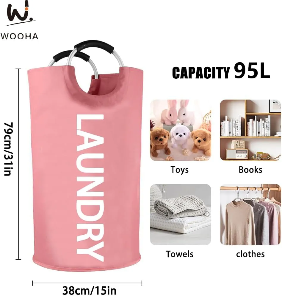 WOOHA 95L Large laundry basket,Collapsible laundry hamper, Tall Clothes Baskets Folding Washing Bin Foldable Fabric Hamper Bags for Bedroom, Closet,Bathroom,College,laundry bag,pink