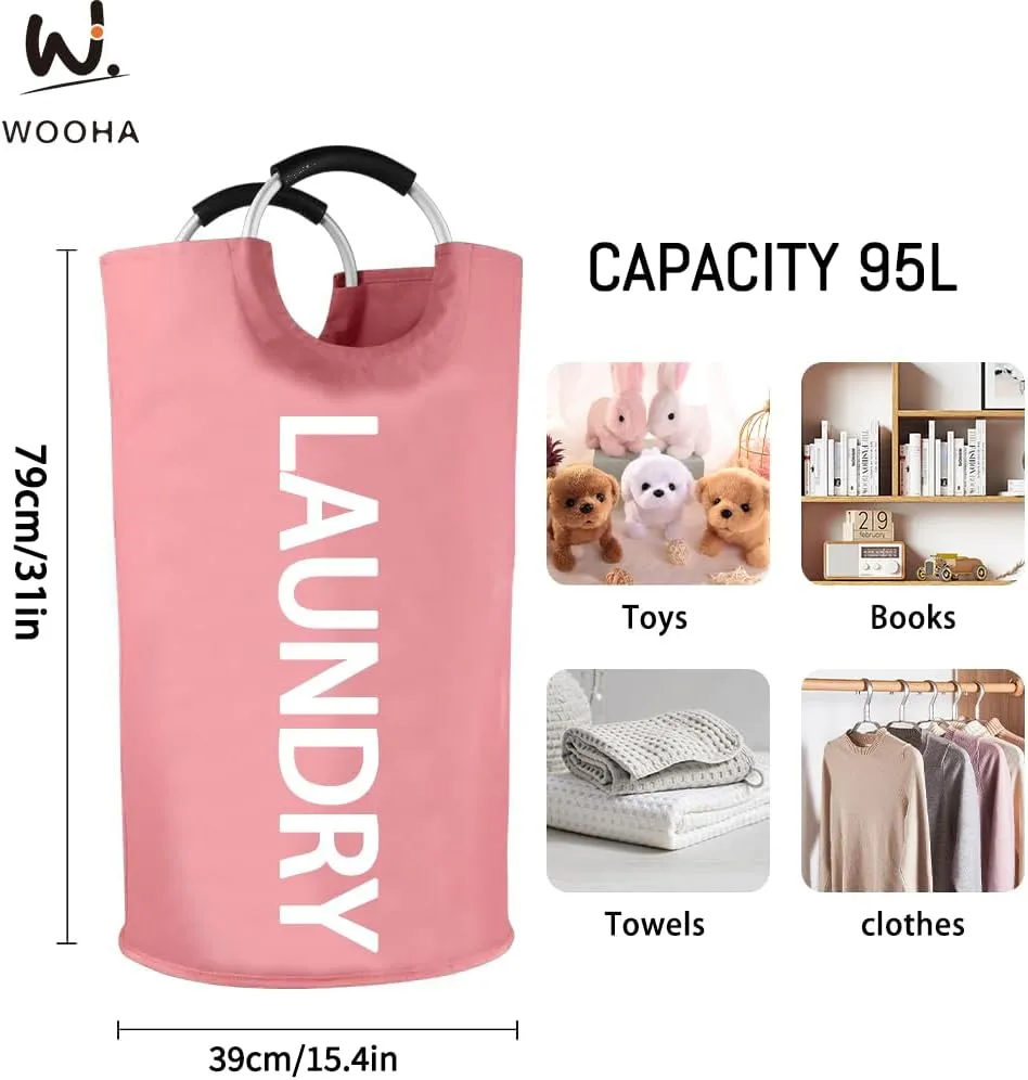 WOOHA 95L Large laundry basket,Collapsible laundry hamper, Tall Clothes Baskets Folding Washing Bin Foldable Fabric Hamper Bags for Bedroom, Closet,Bathroom,College,laundry bag,pink