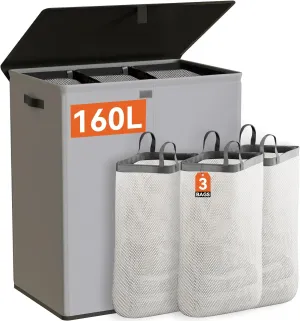 WOWLIVE Laundry Hamper with Lid,160L Large Laundry Basket 3 Section with Removable Washing Bags,Collapsible Waterproof Dirty Clothes Hamper for Laundry Room Bathroom Dorm,Grey