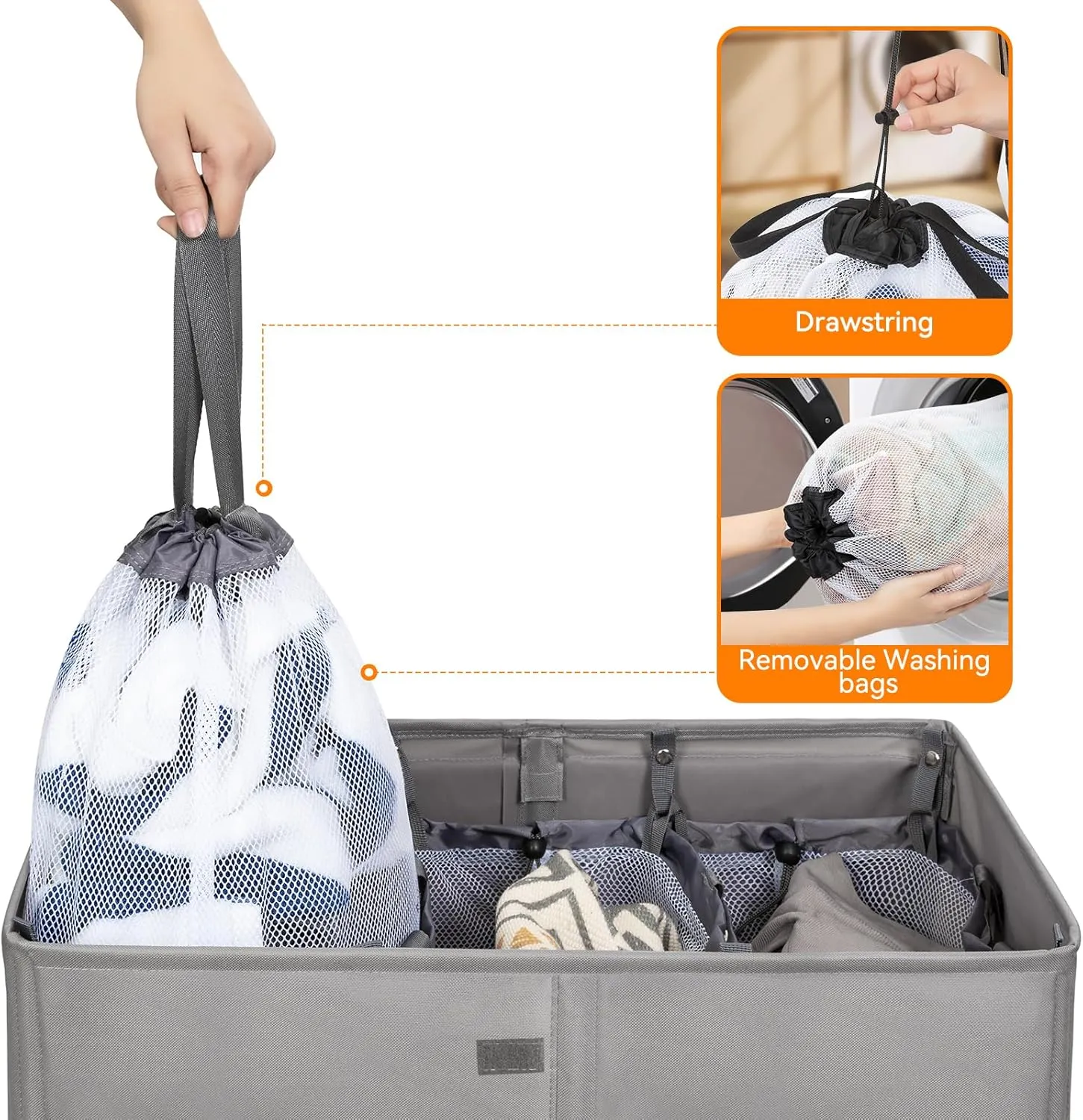 WOWLIVE Laundry Hamper with Lid,160L Large Laundry Basket 3 Section with Removable Washing Bags,Collapsible Waterproof Dirty Clothes Hamper for Laundry Room Bathroom Dorm,Grey