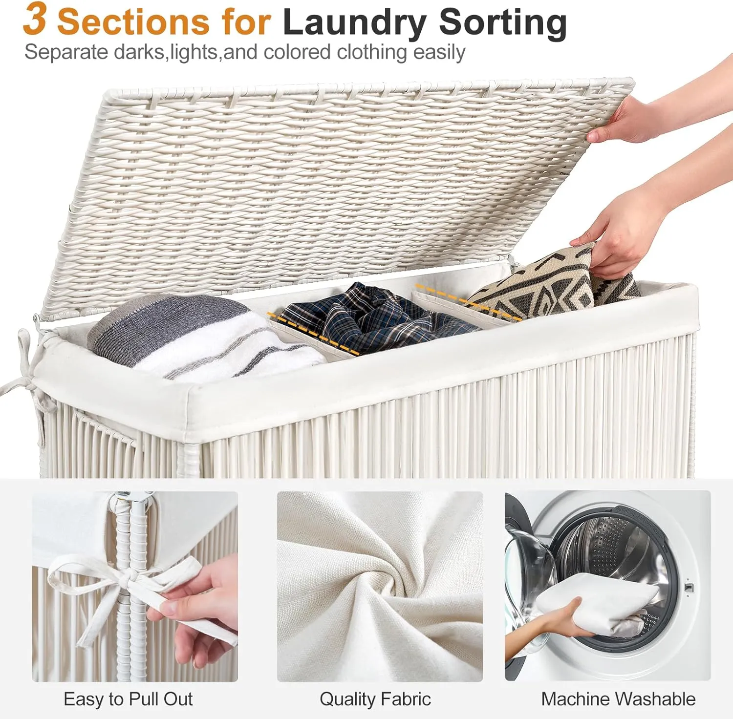 WOWLIVE Laundry Hamper with Wheels, 160L Handwoven Rolling Laundry Basket 3 Section with Lid, Clothes Hamper with 3 Removable Liner Bags, Large Capacity Laundry Sorter Laundry Room Organization, White