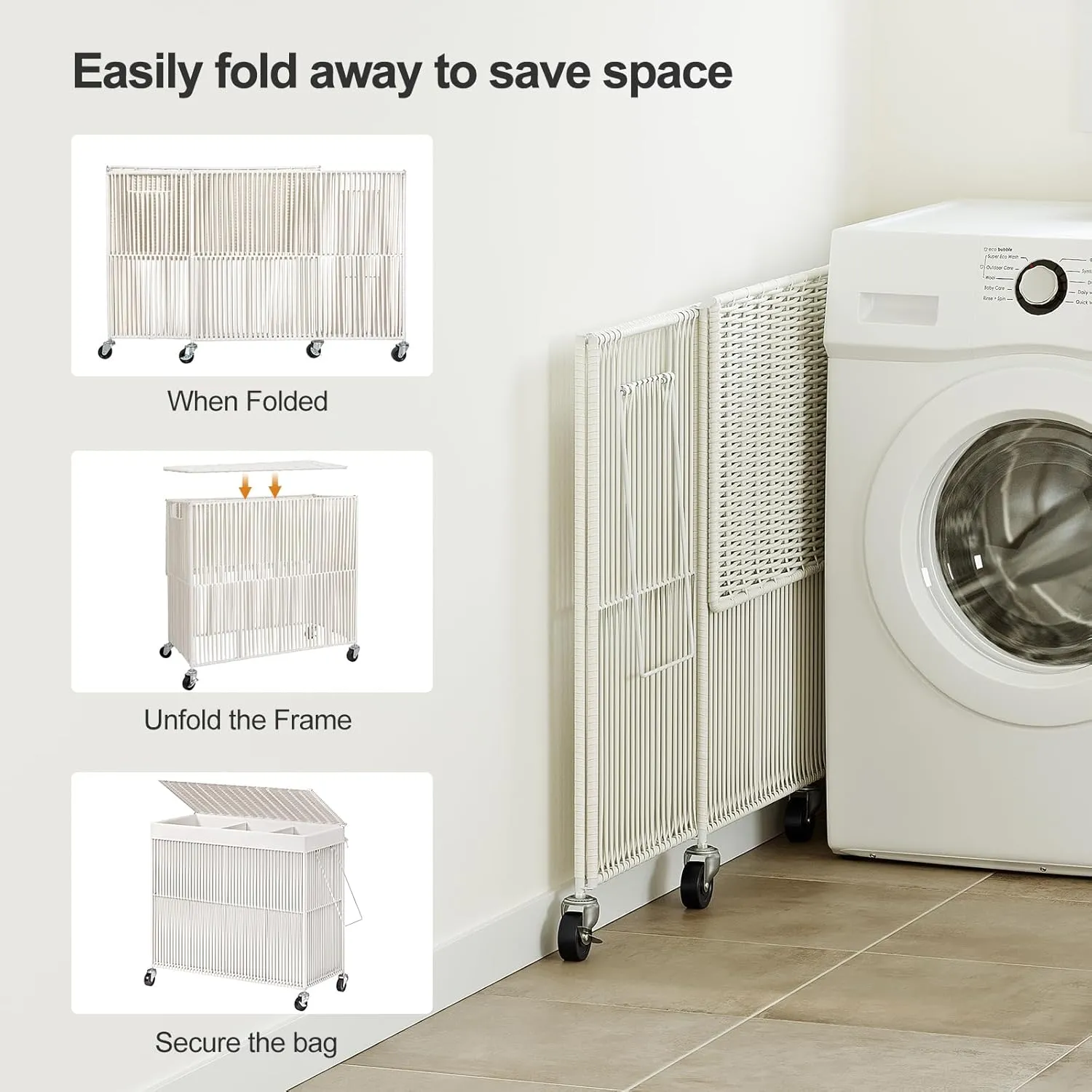 WOWLIVE Laundry Hamper with Wheels, 160L Handwoven Rolling Laundry Basket 3 Section with Lid, Clothes Hamper with 3 Removable Liner Bags, Large Capacity Laundry Sorter Laundry Room Organization, White
