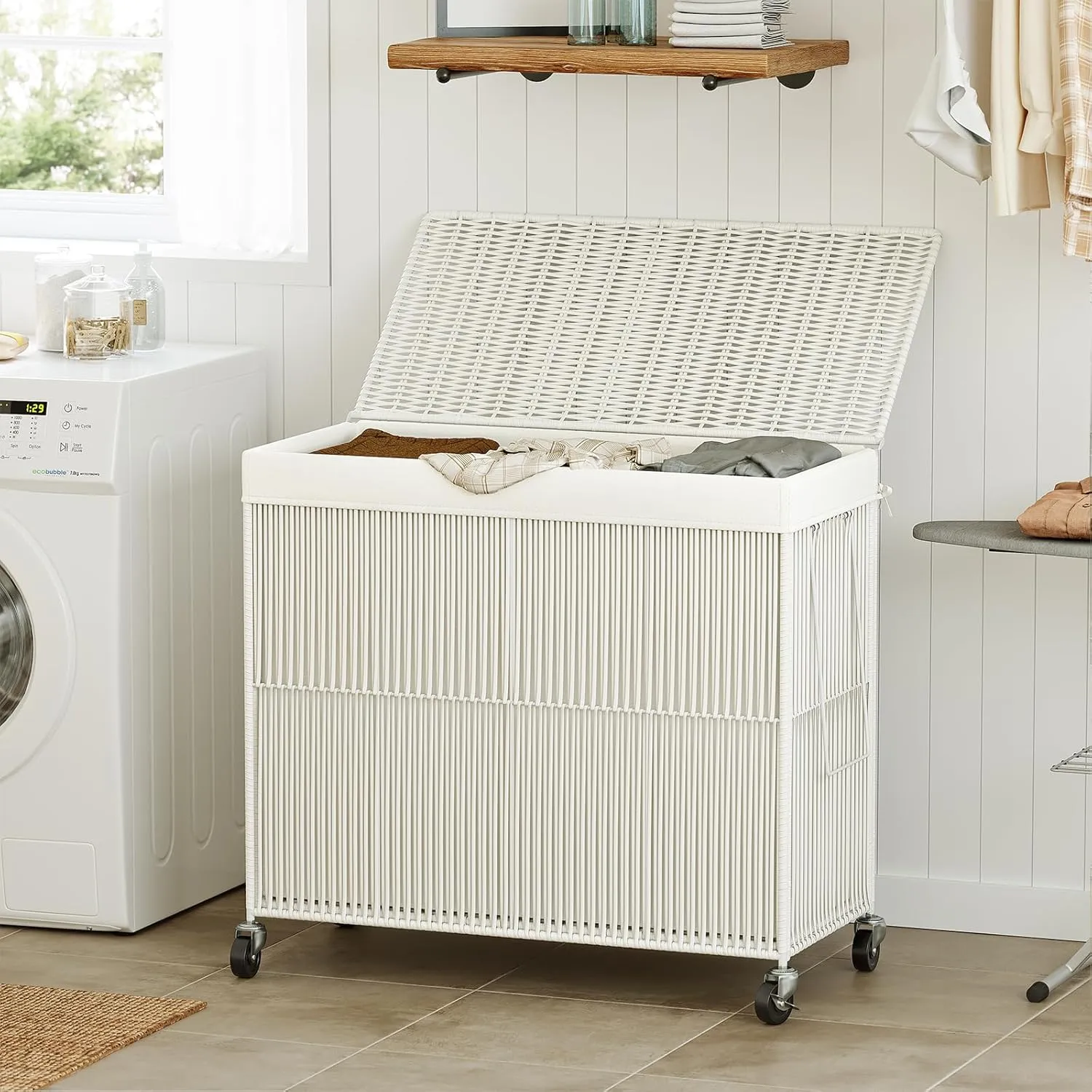 WOWLIVE Laundry Hamper with Wheels, 160L Handwoven Rolling Laundry Basket 3 Section with Lid, Clothes Hamper with 3 Removable Liner Bags, Large Capacity Laundry Sorter Laundry Room Organization, White