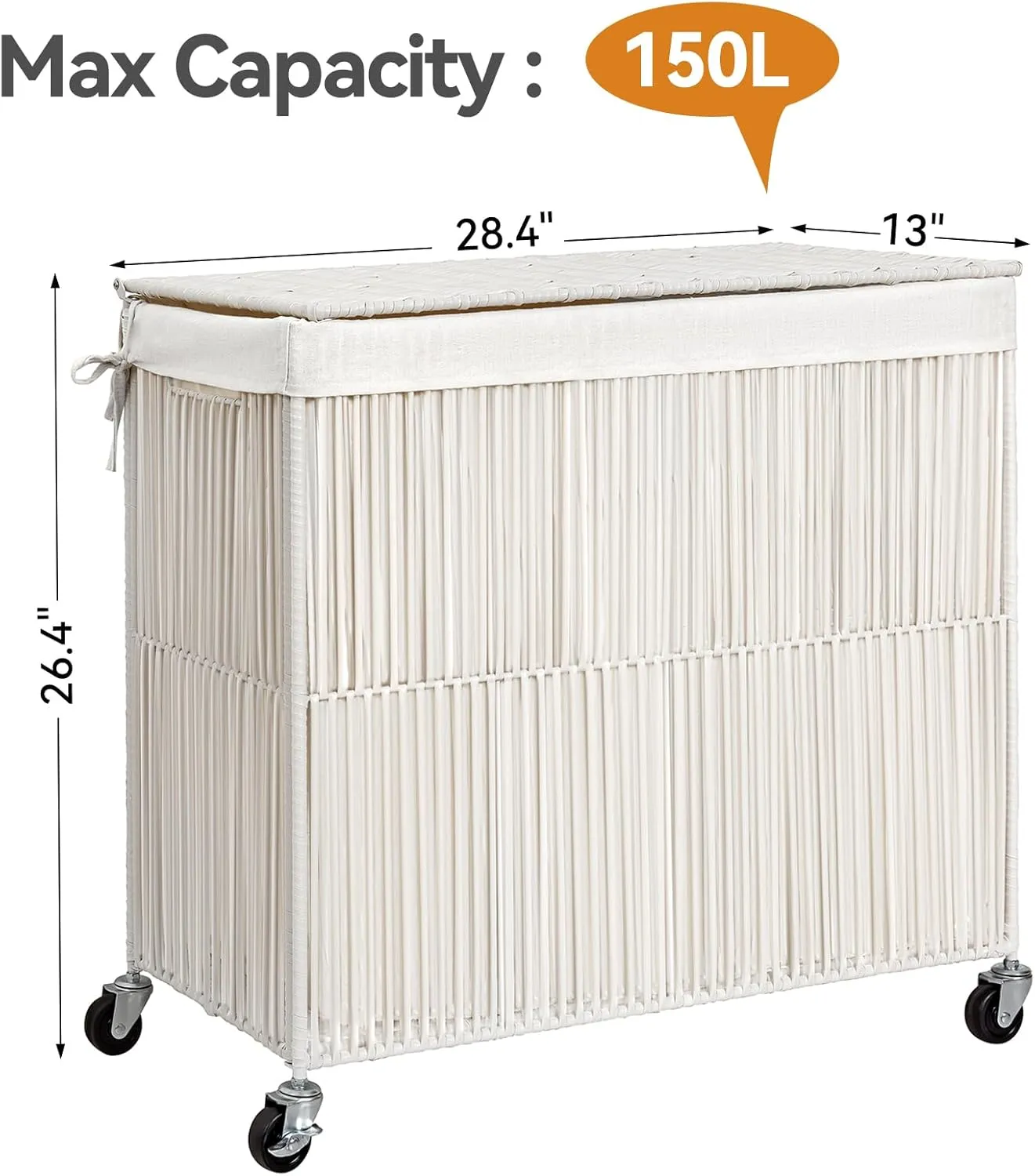 WOWLIVE Laundry Hamper with Wheels, 160L Handwoven Rolling Laundry Basket 3 Section with Lid, Clothes Hamper with 3 Removable Liner Bags, Large Capacity Laundry Sorter Laundry Room Organization, White