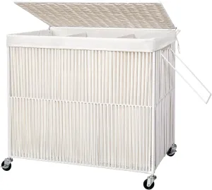 WOWLIVE Laundry Hamper with Wheels, 160L Handwoven Rolling Laundry Basket 3 Section with Lid, Clothes Hamper with 3 Removable Liner Bags, Large Capacity Laundry Sorter Laundry Room Organization, White
