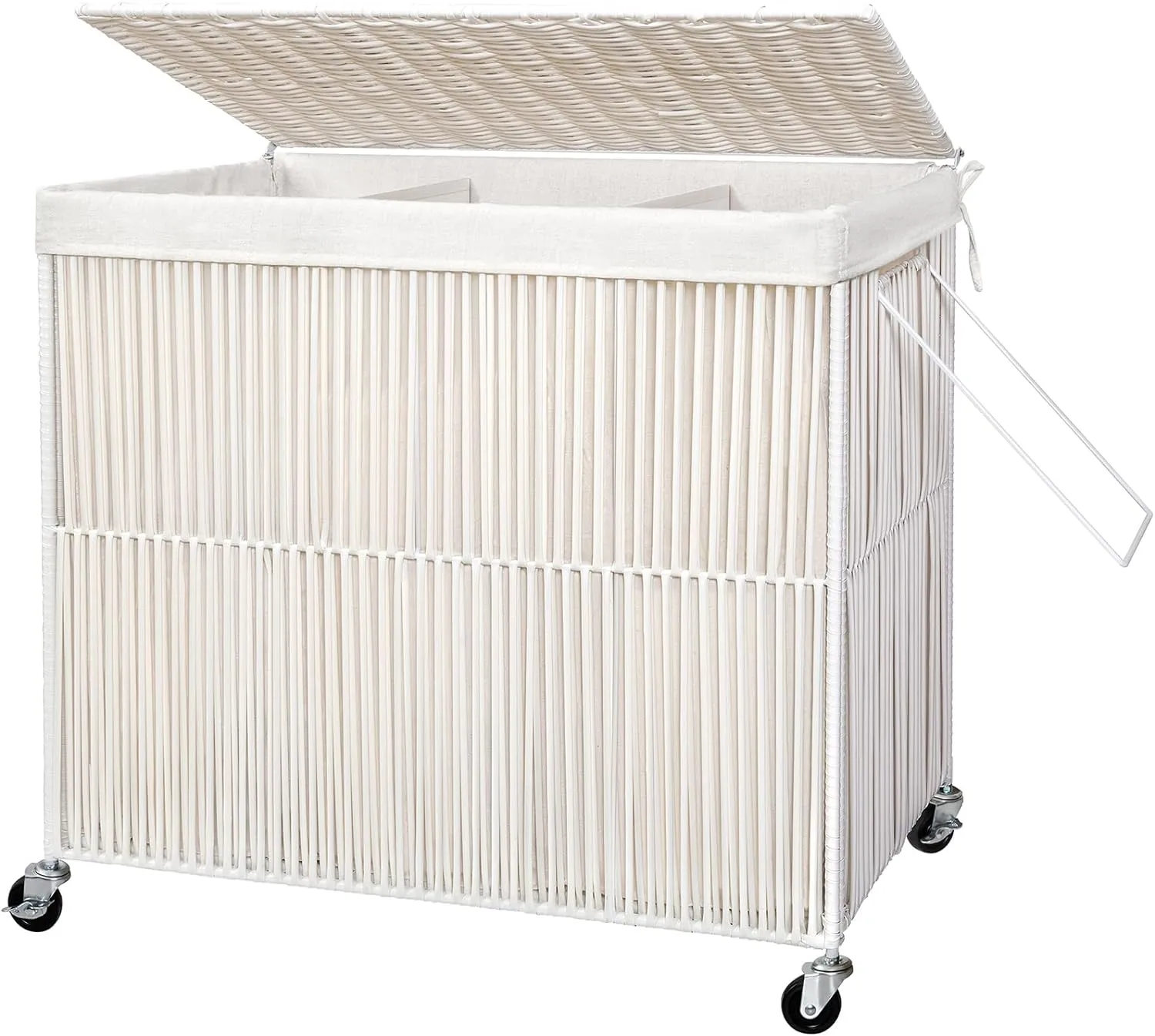 WOWLIVE Laundry Hamper with Wheels, 160L Handwoven Rolling Laundry Basket 3 Section with Lid, Clothes Hamper with 3 Removable Liner Bags, Large Capacity Laundry Sorter Laundry Room Organization, White