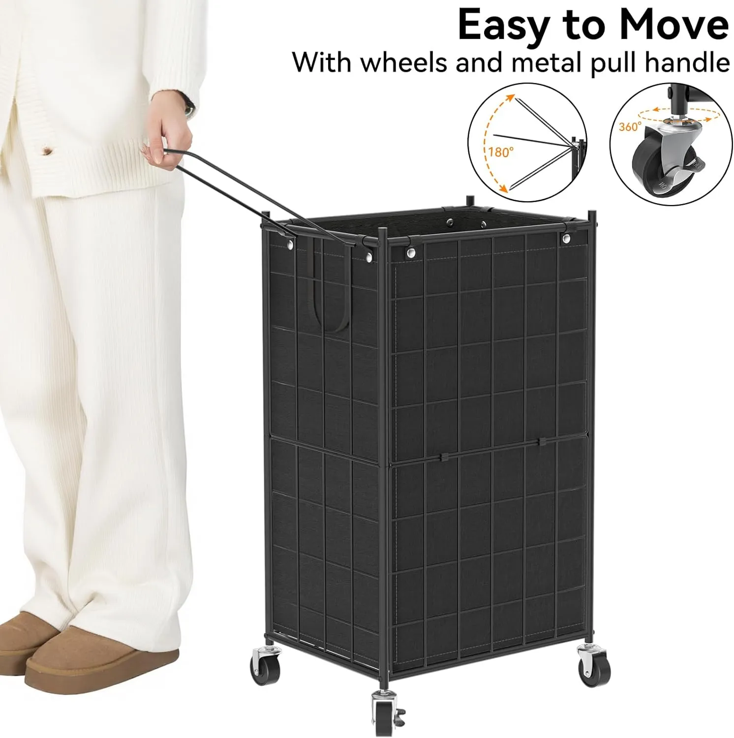 WOWLIVE Laundry Hamper with Wheels,Metal Wire Frame Rolling Laundry Basket with Removable bag,100L Dirty Clothes Hamper Organizer Dorm Room Storage for Bedroom,Bathroom,Black